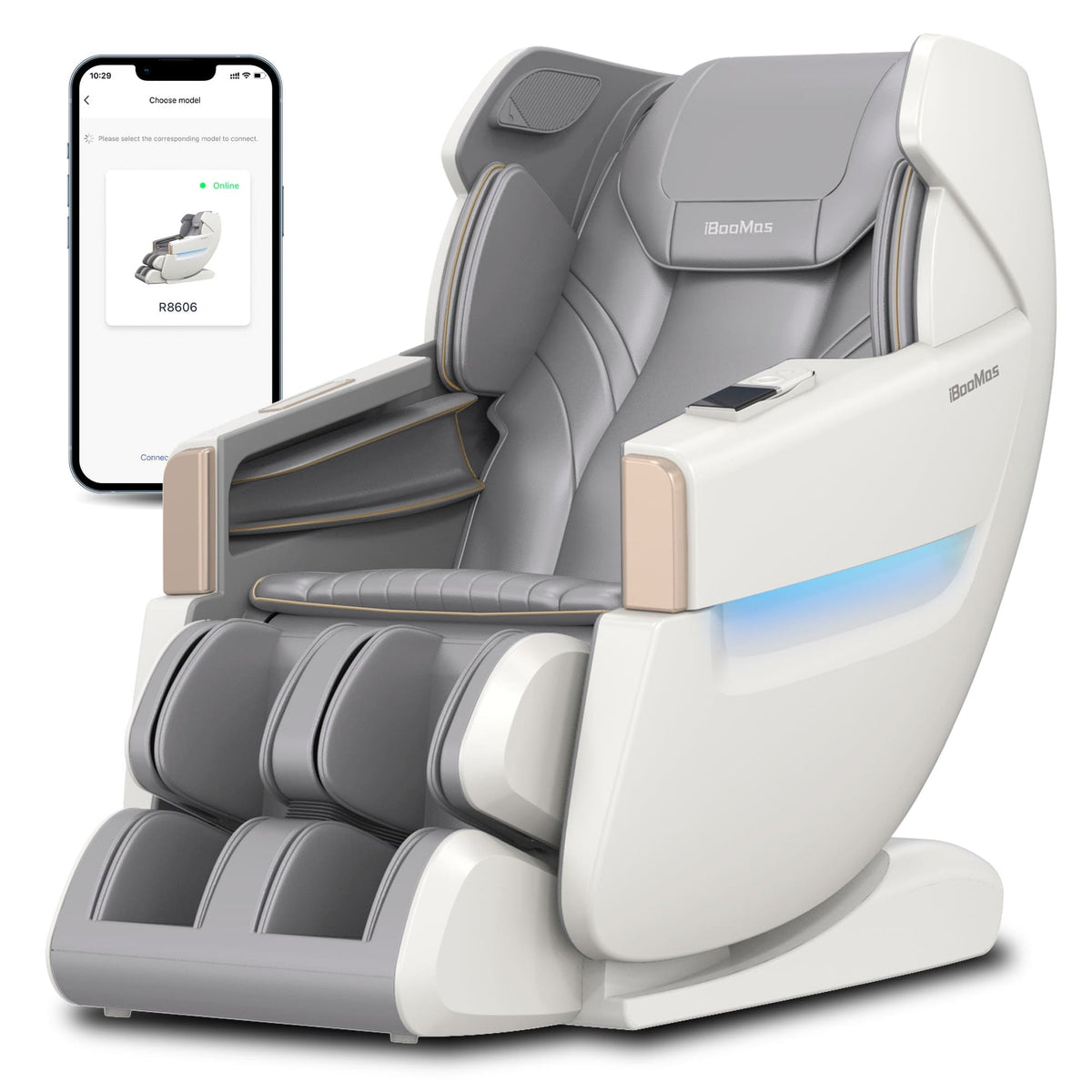 Fauteuil de massage Zero-G avec contrôle AI et APP gris R8606 avec design doré iBooMas