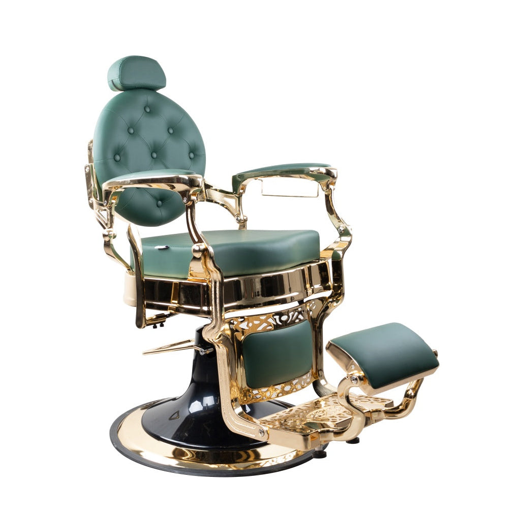 Antique Premium Luxury Green & Gloss Metallic Golden Frame Barber Chair