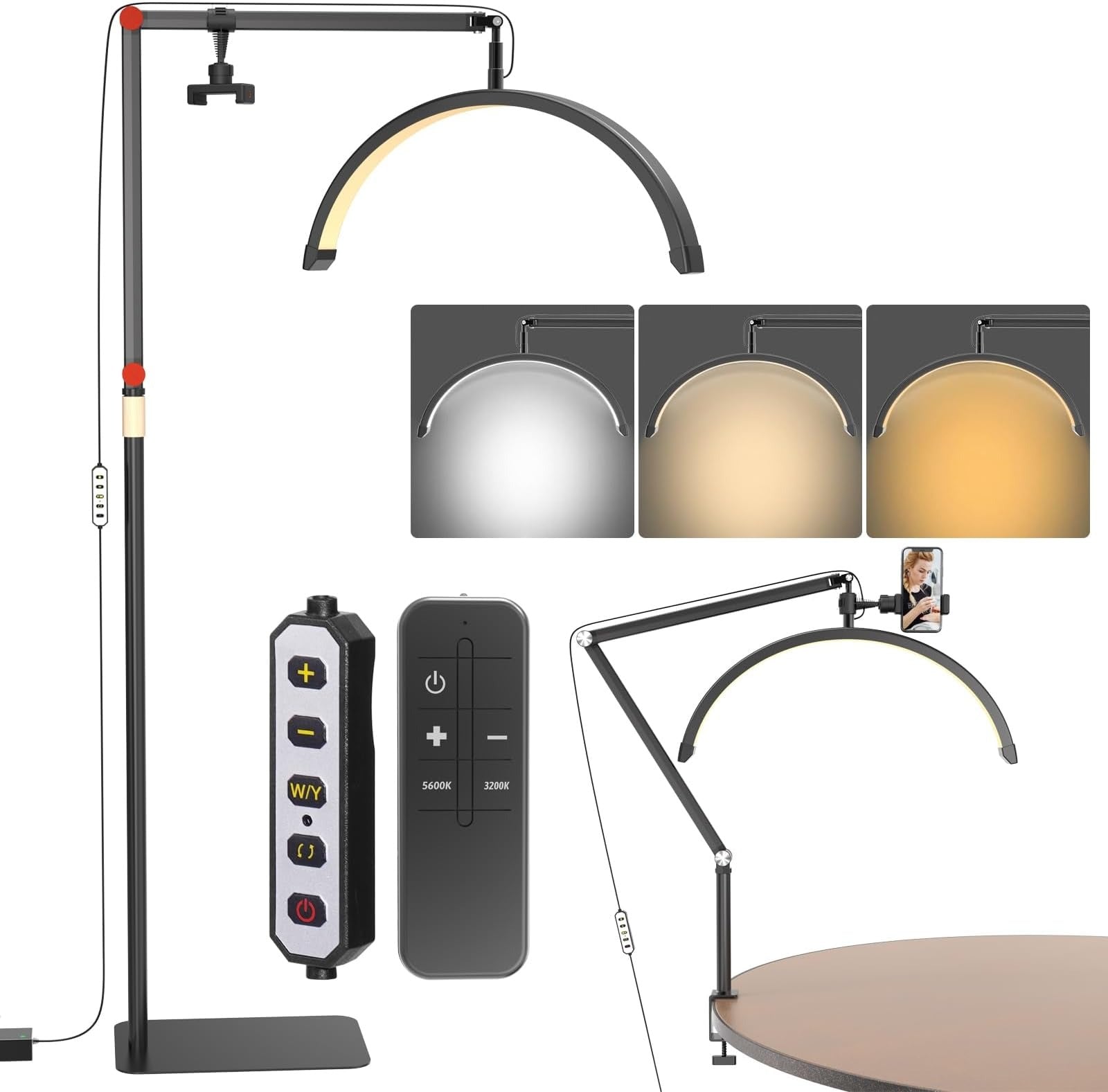 Dimmable Half Moon Light Floor Lamp with phone holder For Tattooist, PMU, Estheticians