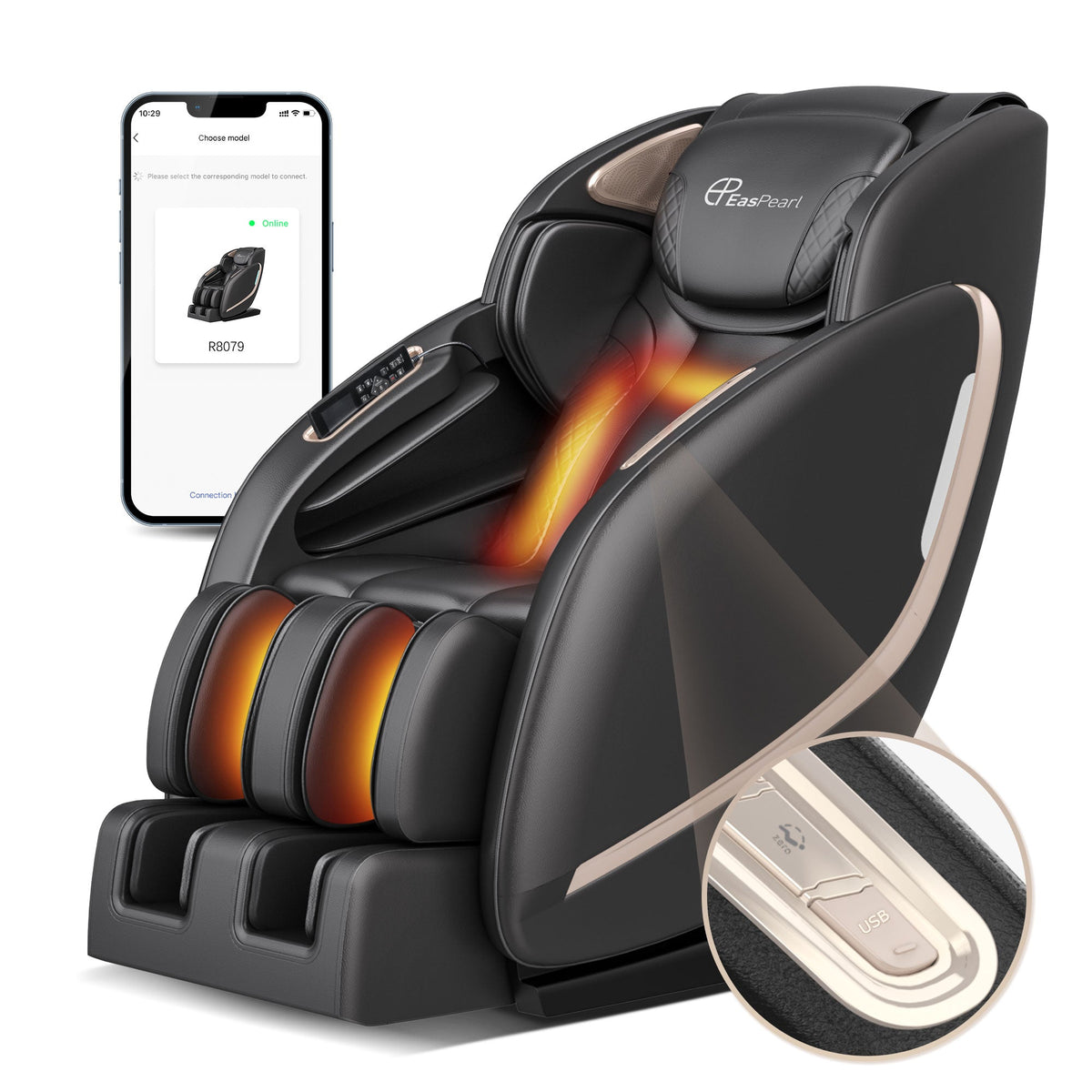 Fauteuil de massage Zero-G R8079 avec contrôle par application et chauffage du haut du dos iBooMas